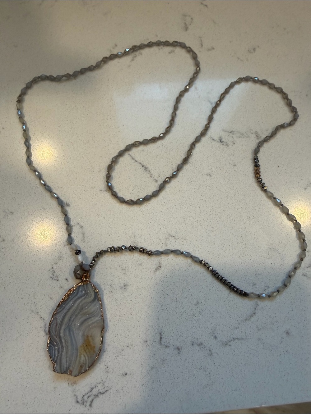 Gray Agate Druzy Pendant Beaded Necklace - Neutral Stone Necklace